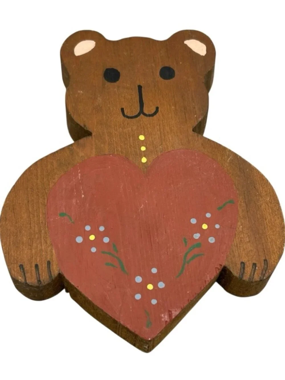 Vintage Wooden Teddy Bear Heart Wall Hanging Folk Art